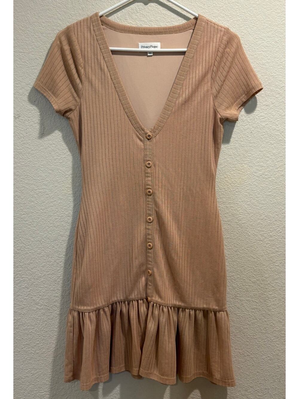 Privacy Please Beige Pink Ribbed Button Front Drop Waist Mini Dress Size XS